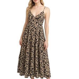 Abercrombie & Fitch Floral Midi Dress Tiered Black Tan Medium Petite